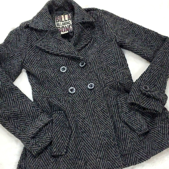 Billabong gray and black variegated wool pea coat size small - Picture 2 of 8